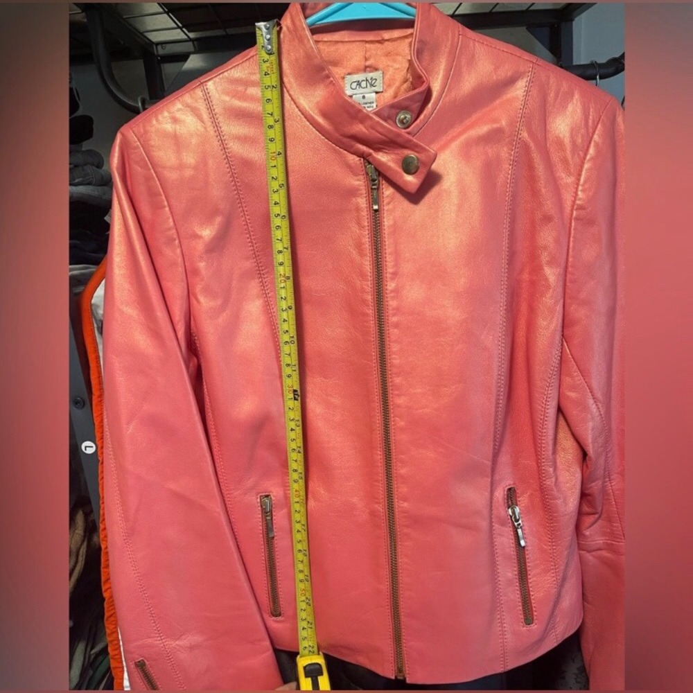 EUC Cache gorgeous iridescent coral lightweight zip up lined leather jacket. - Picture 2 of 12